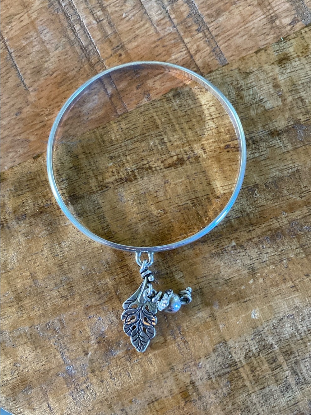 Silver Bangle Bracelet with Leaf and Acorn Charms